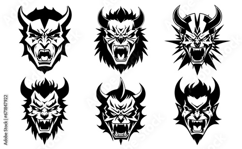 Set of horned devil heads with open mouth and bared teeth, with different angry expressions of the muzzle. Symbols for tattoo, emblem or logo, isolated on a white background.