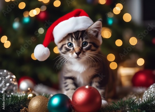 A kitten in a Santa Claus hat and a bow on his neck sits under the New Year's tree among New Year's gifts © Лена Шевчук