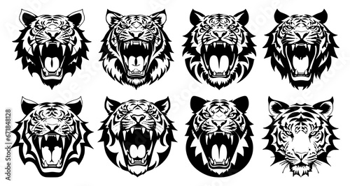 Set of tiger heads with open mouth and bared fangs, with different angry expressions of the muzzle. Symbols for tattoo, emblem or logo, isolated on a white background.