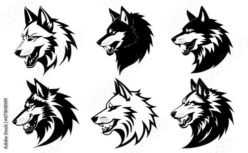 Set of wolf heads with open mouth and bared fangs, with different angry expressions of the muzzle. Symbols for tattoo, emblem or logo, isolated on a white background.