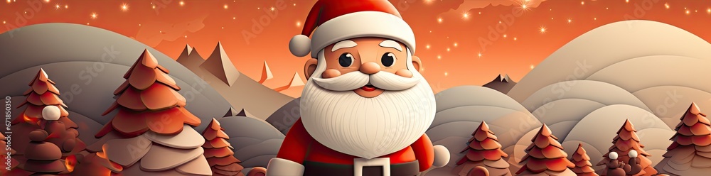 Christmas banner Santa is in a hurry to give presents, skiing towards snow-covered houses through snowdrifts and mountains. Christmas banner Santa is in a hurry to give presents, skiing towards snow-covered houses through snowdrifts and mountains.