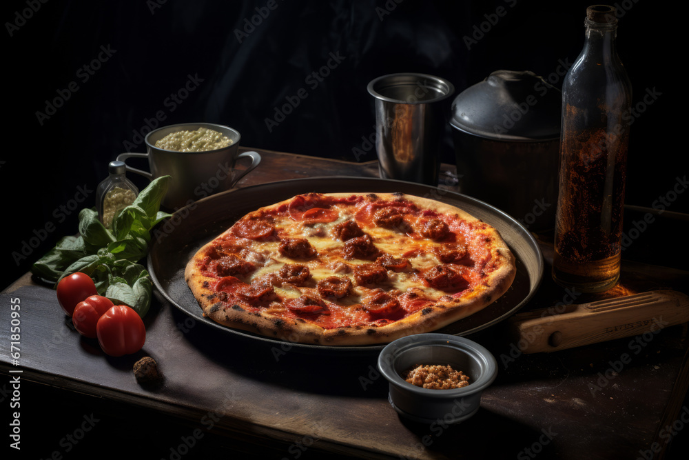 A pizza sitting on top of a wooden table. Pepperoni, mushroom and mozzarella pizza fresh from the oven on a wooden tray with a black surface.