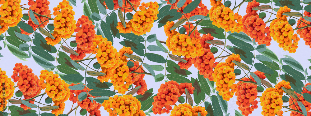 Autumn background with a rowan motif. Orange, blue and green  tones. Watercolor on paper. 