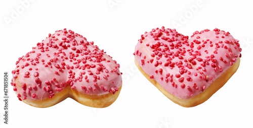 Heart shaped donut with glaze on white background