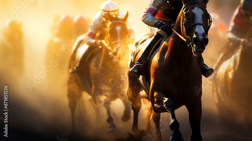 Jockey rides horse in horse racing on blurred motion sunset