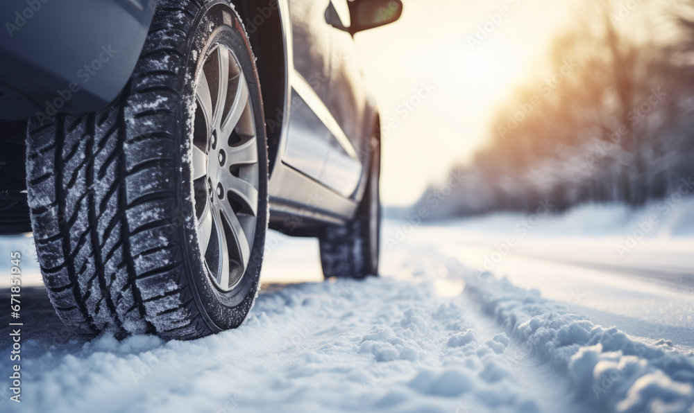 Low angle view of a car tire on a winter road covered in ice and snow. Winter travel background