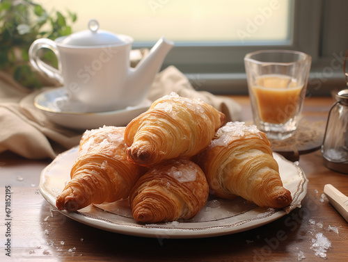 Plate with tasty croissants on table, closeup, morning breakfast with croissant