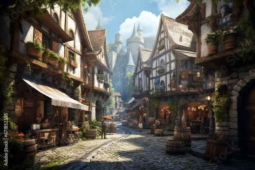 Picturesque medieval town on a bustling street. Generative AI