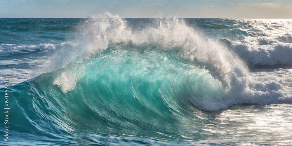 Giant ocean surf wave on a sunny day. Seascape illustration with stormy sea, turquoise water with white foam and splashes, blue sky with clouds. Generative AI