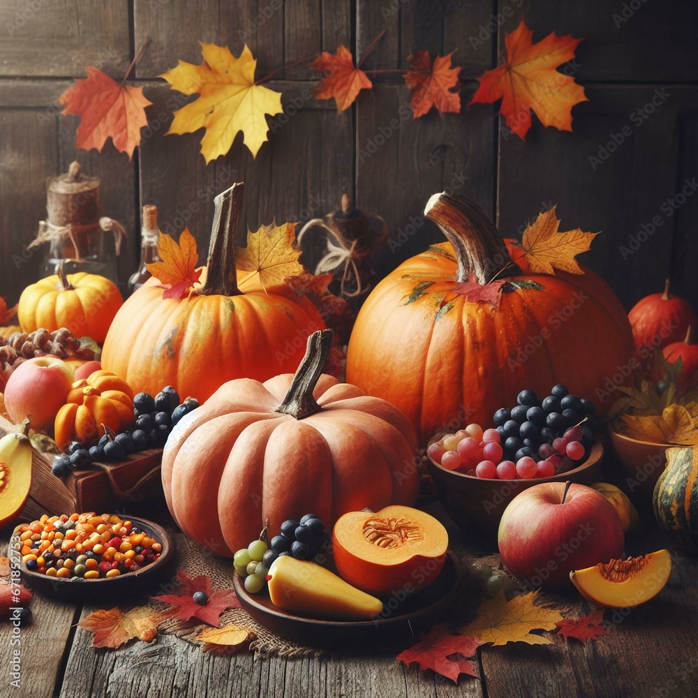 Happy Thanksgiving. Pumpkins with fruits and falling leaves on rustic wooden table