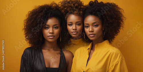 Beauty styled studio shot of three African - American women wearing yellow and gray clothing on yellow background