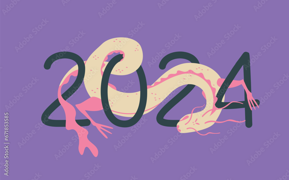 Obraz premium Symbol of 2024 Chinese calendar is dragon. Handwritten numbers 2024 and dragon curling around them. Vector isolated illustration for design.