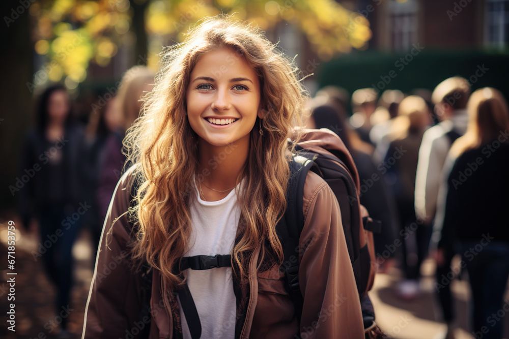 Fototapeta premium Group of student friends leaving university. Generative AI