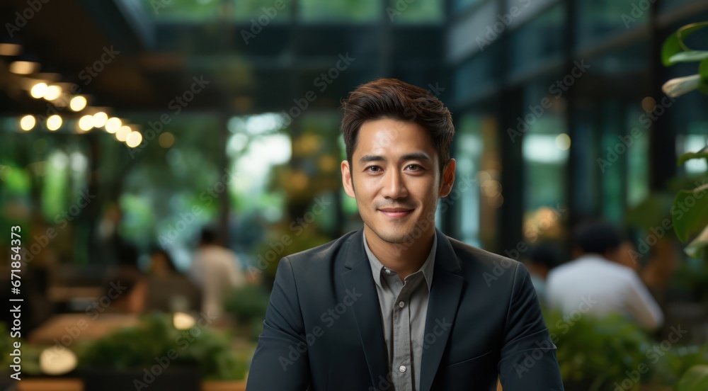 Obraz premium Asian Man Receptionist Job Professional Setting Generative AI