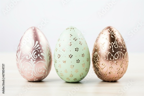 chocolate eggs with patterned pale green, rose gold and pink foil on white background. Generative AI