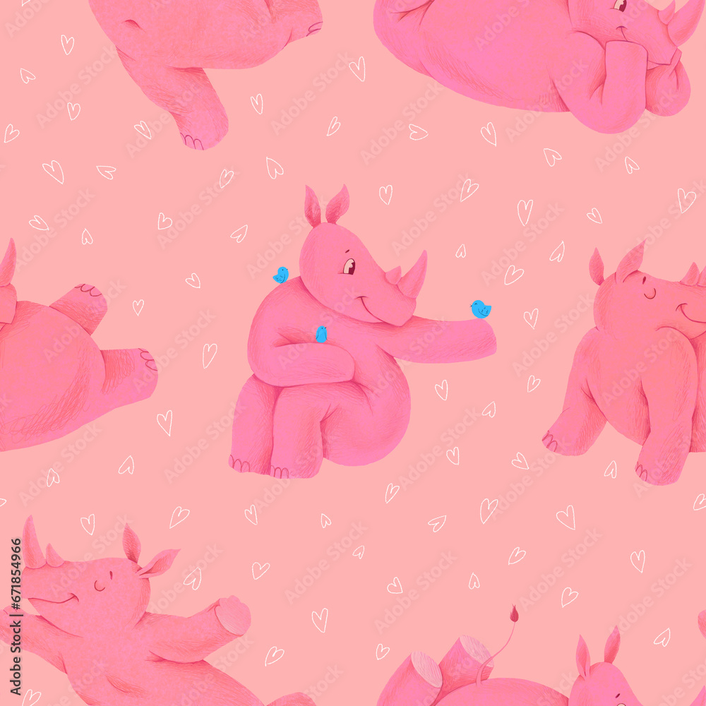 Cute pink rhino pattern. Chubby rhinoceroses on pink background and little white hearts. Perfect for wallpaper in girl's room, bedding, pajamas, textile design Cute pink rhino pattern. Chubby rhinoceroses on pink background and little white hearts. Perfect for wallpaper in girl's room, bedding, pajamas, textile design