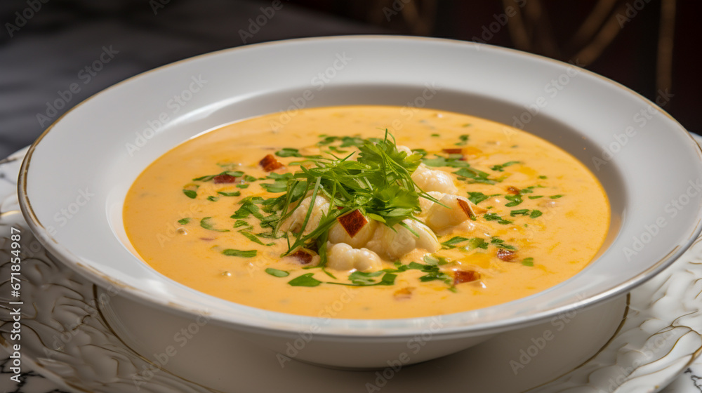 A luxurious seafood bisque with generous portions of lobster and crab.
