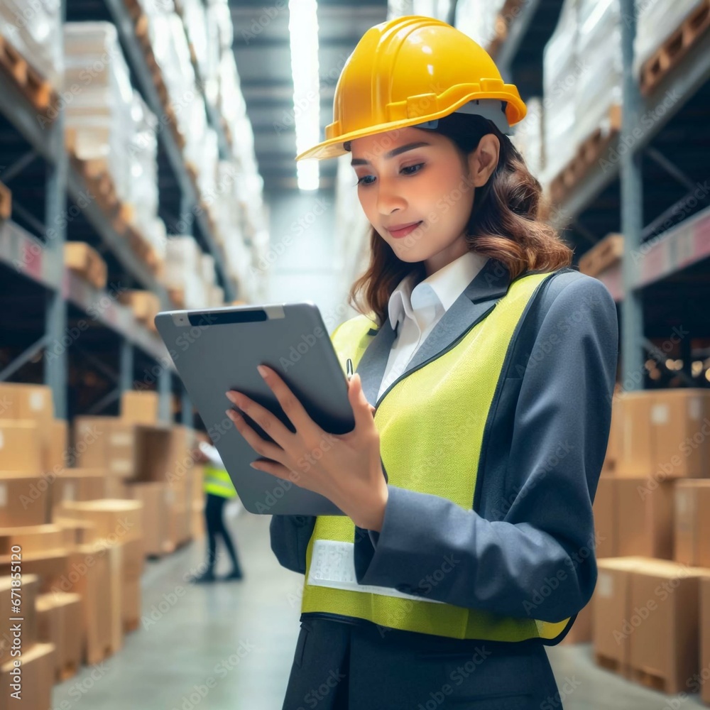 Professional Female worker use tablet working of checklist in smart factory of Warehouse stocked, Logistics network distribution, shipping, Logistic import export and transport industry Professional Female worker use tablet working of checklist in smart factory of Warehouse stocked, Logistics network distribution, shipping, Logistic import export and transport industry
