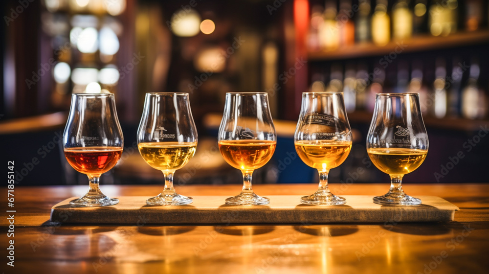 A tasting flight of rare and aged whiskies. A tasting flight of rare and aged whiskies.