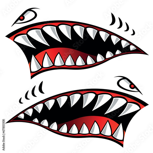 Motorcycle and car vector graphic Flying tigers shark teeth shark mouth vinyl decal biker helmet sticker.