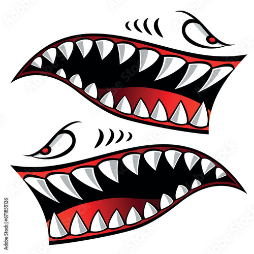 Shark teeth car decal angry Flying tigers bomber shark mouth motorcycle fuel tank sticker vector graphic.