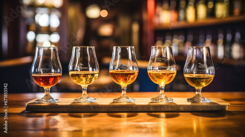 A tasting flight of rare and aged whiskies.