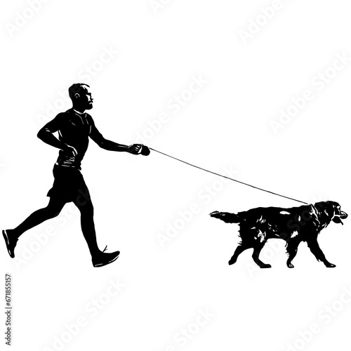 Vector of a man jogging with a dog on a leash 