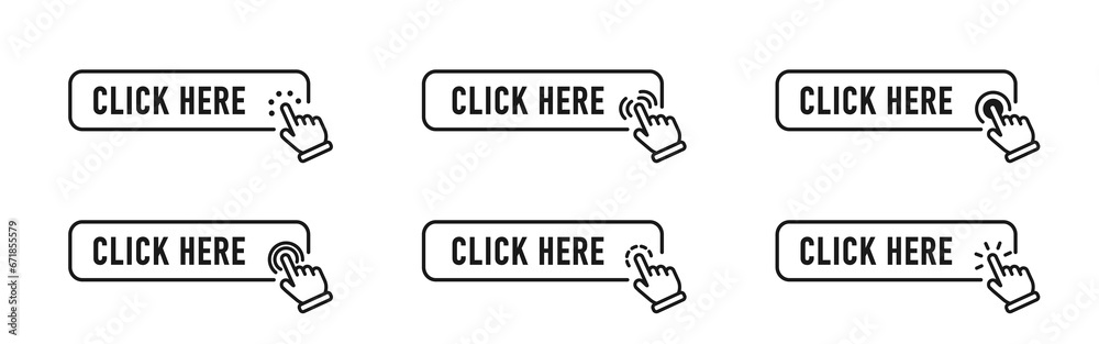 Click here button with arrow pointer clicking icon. Click here vector web button. Web button with action of arrow pointer. Click here, UI button concept. Vector illustration Click here button with arrow pointer clicking icon. Click here vector web button. Web button with action of arrow pointer. Click here, UI button concept. Vector illustration