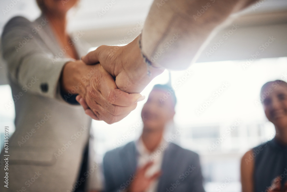 Handshake, hiring and contract with people in office for collaboration, teamwork and thank you. Meeting, B2B and welcome with employee shaking hands for partnership, networking and job promotion - obrazy, fototapety, plakaty 