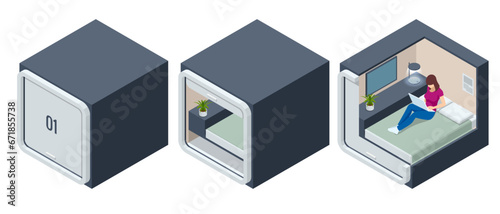 Isometric Sleeping Space Capsule Homes. Sleeping People in Smart Capsule Hotel. Sleepbox. Sleeping Pods
