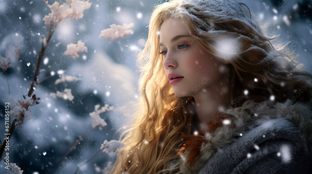 Woman with snowy hair among winter blossoms, generative ai