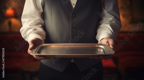 Waiter tray butler hand serve hold plate isolated white man silver empty glove servant. Butler waiter service tray dinner restaurant concept luxury hotel food platter elegant person background job. photo