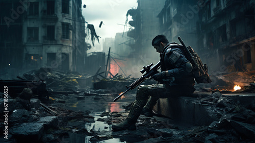 Soldier in a post-apocalyptic cityscape, generative ai