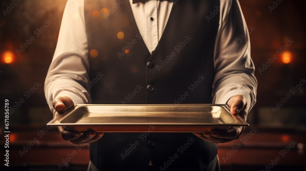 Waiter tray butler hand serve hold plate isolated white man silver