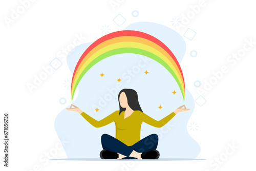 concept of yoga or balance of mind, spiritual or peaceful lifestyle, mindfulness or meditation for mental health, focus and concentration, attentive woman sitting lotus with calm and positive thoughts