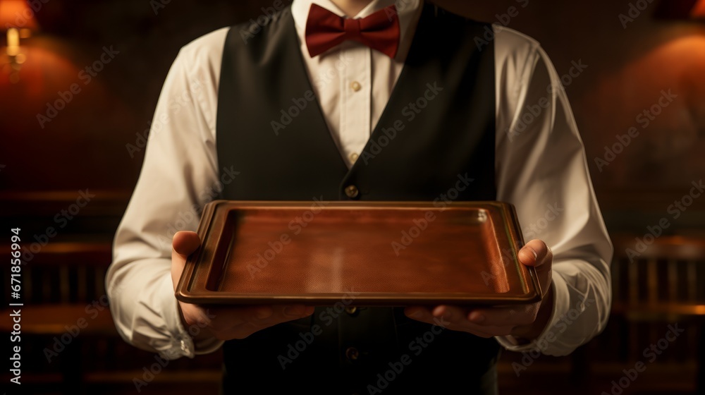 Waiter tray butler hand serve hold plate isolated white man silver