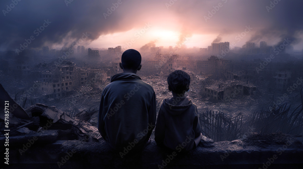 Two figures overlooking war-torn city at sunset, generative ai - obrazy, fototapety, plakaty 