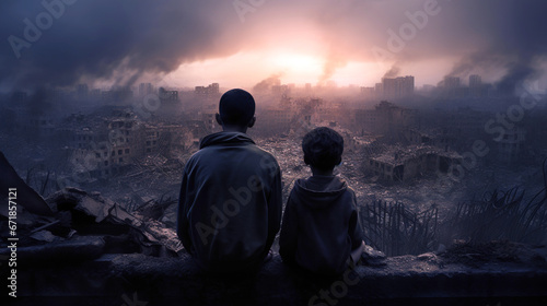 Two figures overlooking war-torn city at sunset, generative ai