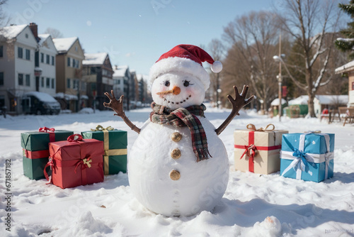 Lindo muñeco de nieve con regalos para el fondo de pantalla del festival de navidad y año nuevo