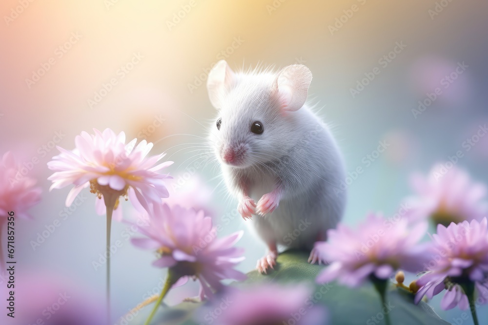 Little mouse sitting in flowers on blurred yellow light background. Syrian white hamster sits among cherry blossoms. Spring portrait of a cute pet Little mouse sitting in flowers on blurred yellow light background. Syrian white hamster sits among cherry blossoms. Spring portrait of a cute pet