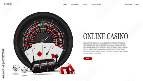 Web banner with 3d roulette for casino, poker cards, chips, dice and slot machine on a white background with text.