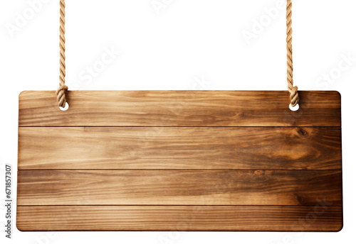 Wooden sign png, isolated on white or transparent background, signboard hanging with ropes, blank photo