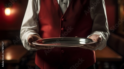 Waiter tray butler hand serve hold plate isolated white man silver empty glove servant. Butler waiter service tray dinner restaurant concept luxury hotel food platter elegant person background job.