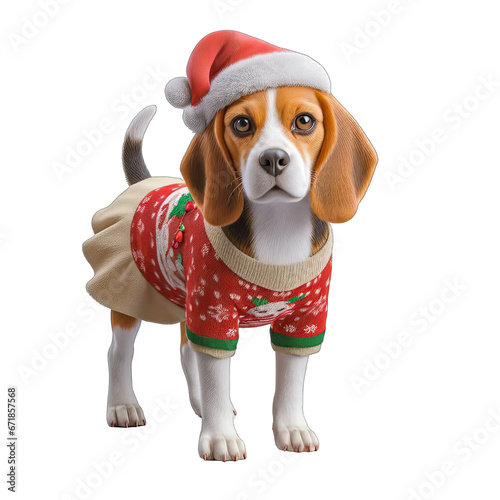 A beautiful Beagle with Christmas clothes, png file with transparent background © Gianpiero