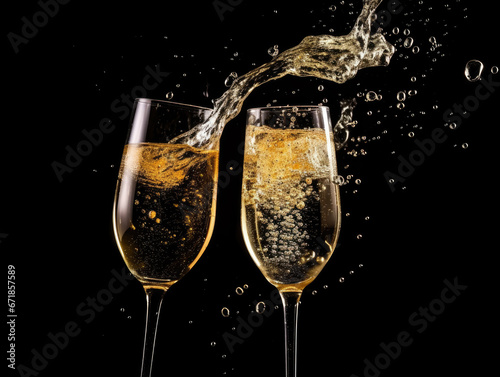 Ai generation. Two glasses of champagne with splash over black background