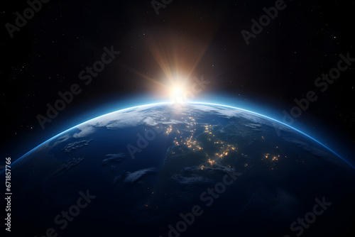 Sun rising behind planet earth seen from space. 