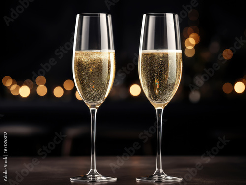 Ai generation. Close up of two glasses with bubbly champagne on a background of