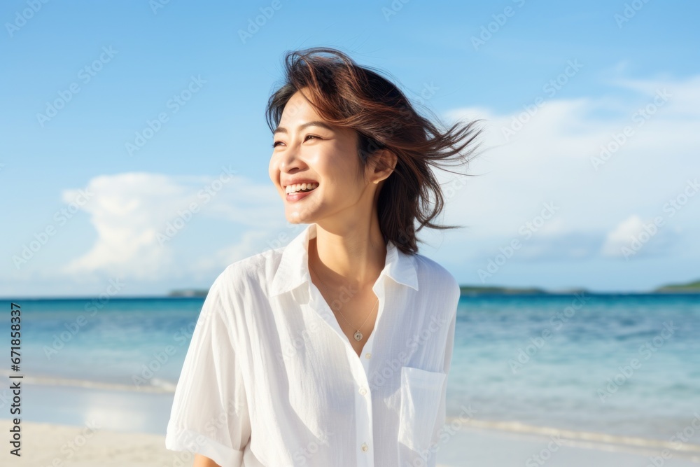 Asian woman walking on beach smiling happy Asian woman walking on beach smiling happy