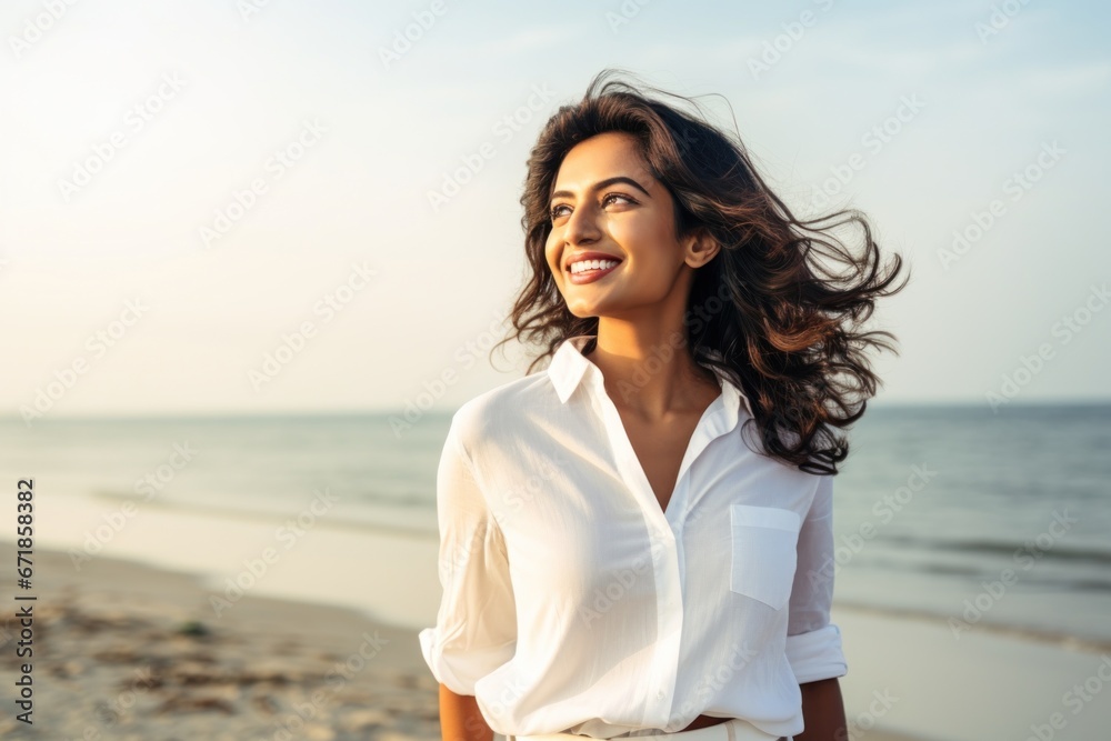 Indian woman walking on beach smiling happy Indian woman walking on beach smiling happy