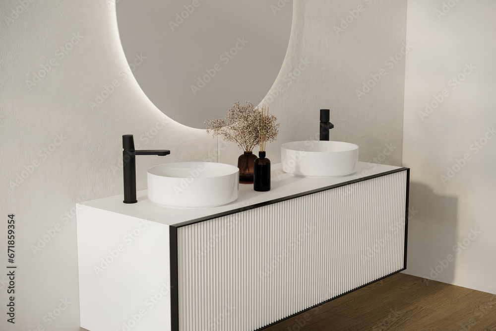 Obraz na płótnie Close up of comfortable double sink with two round mirrors standing on wooden countertop in modern bathroom with white walls. w salonie